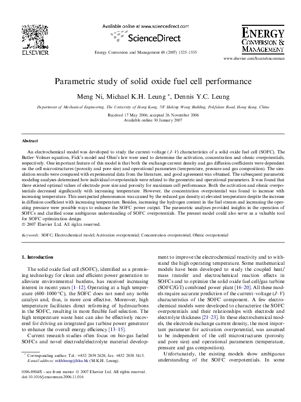 (PDF) Parametric study of solid oxide fuel cell performance