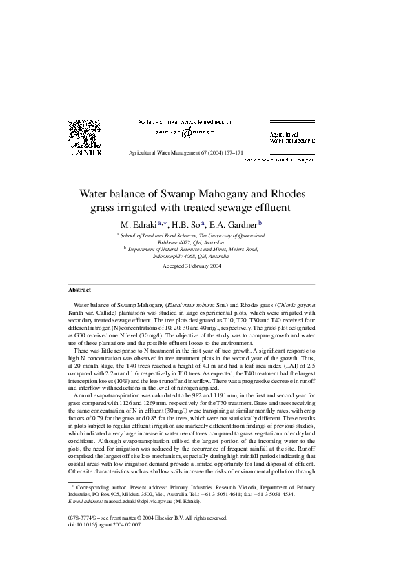 (PDF) Water balance of Swamp Mahogany and Rhodes grass irrigated with