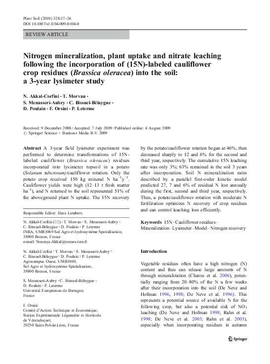 (PDF) Nitrogen mineralization, plant uptake and nitrate leaching ...
