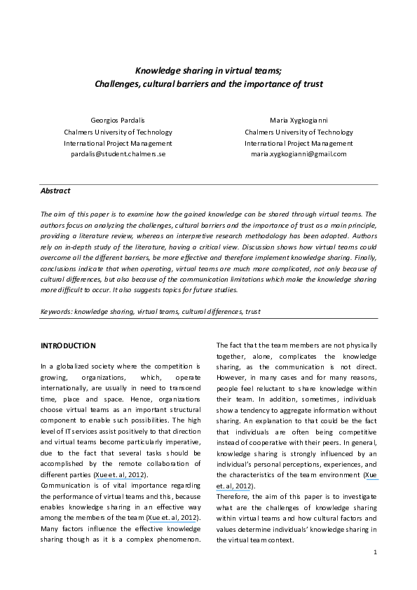 (PDF) Knowledge sharing in virtual teams; Challenges, cultural barriers ...
