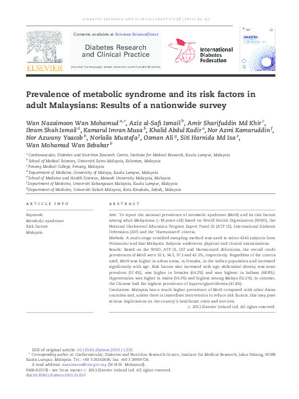 (PDF) Prevalence of metabolic syndrome and its risk factors in adult ...