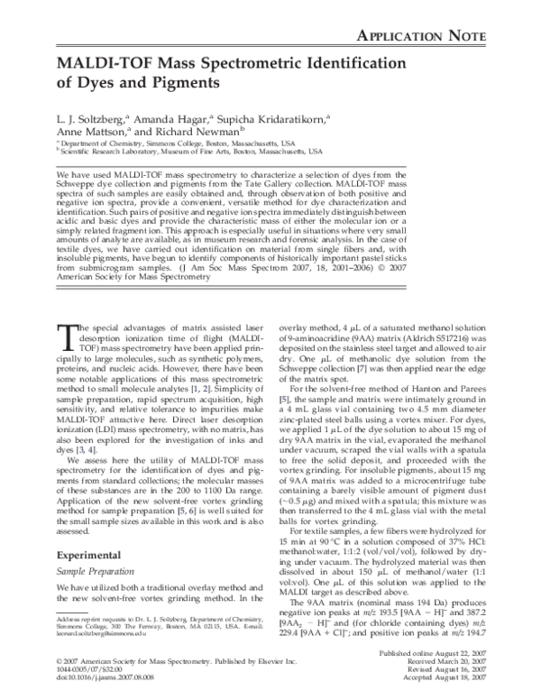 (PDF) MALDI-TOF mass spectrometric identification of dyes and pigments ...