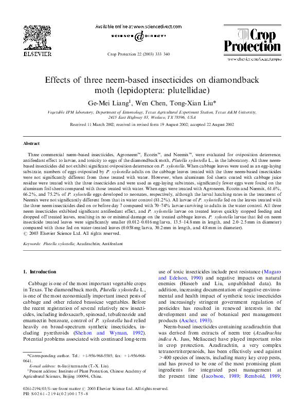 (PDF) Effects of three neem-based insecticides on diamondback moth ...