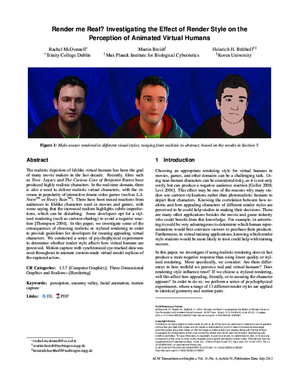 (PDF) Render me real?: investigating the effect of render style on the ...