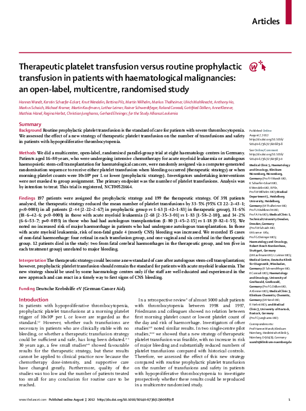 Pdf Therapeutic Platelet Transfusion Versus Routine Prophylactic