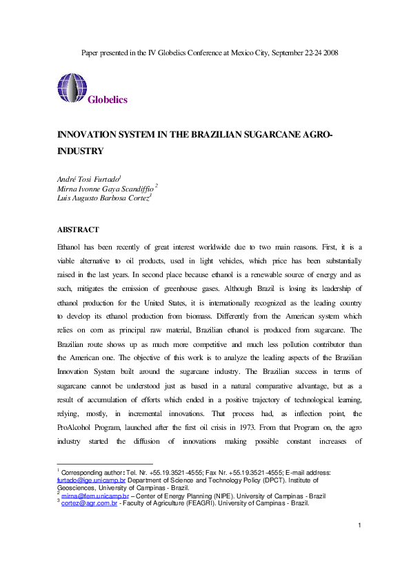 Pdf The Brazilian Sugarcane Innovation System