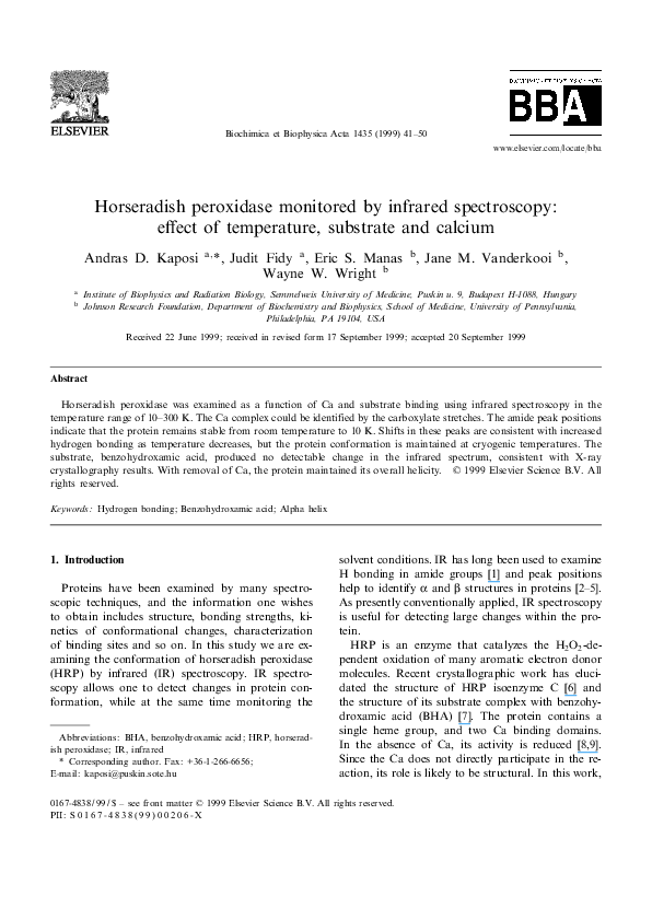(PDF) Horseradish peroxidase monitored by infrared spectroscopy effect of temperature