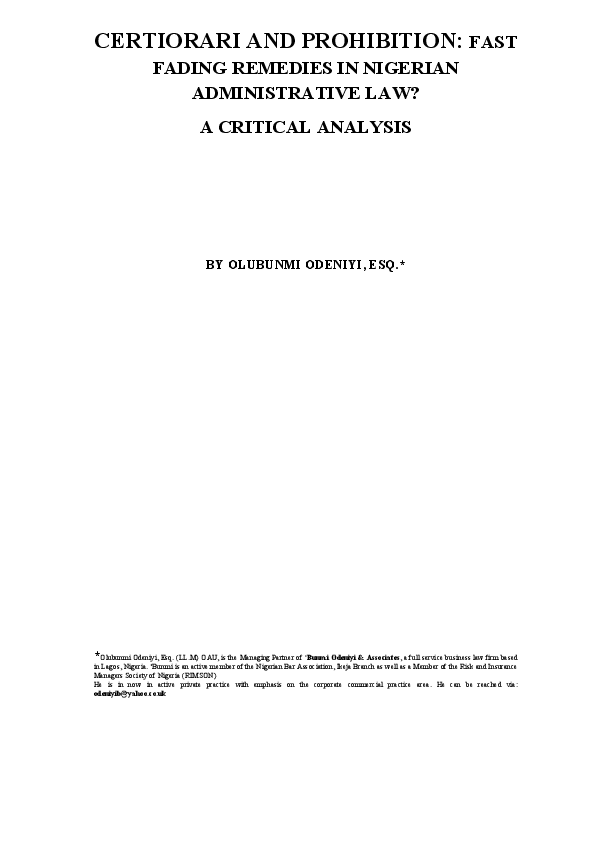 Pdf Certiorari And Prohibition Fast Fading Remedies In Nigerian Administrative Law A Critical Analysis Bunmi Odeniyi Academia Edu