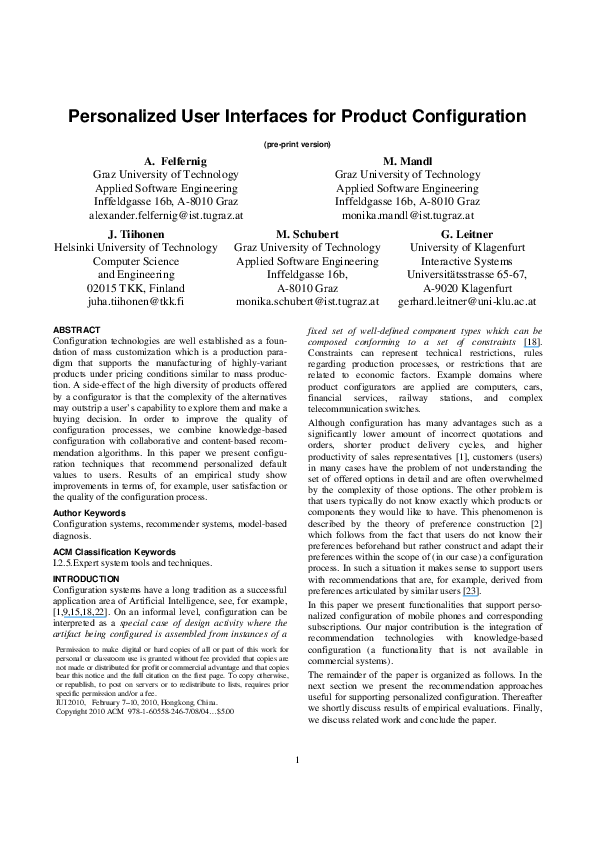 (PDF) Personalized user interfaces for product configuration