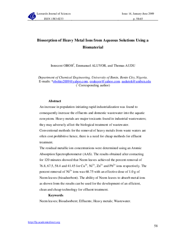 (PDF) Biosorption of Heavy Metal Ions from Aqueous Solutions Using a ...
