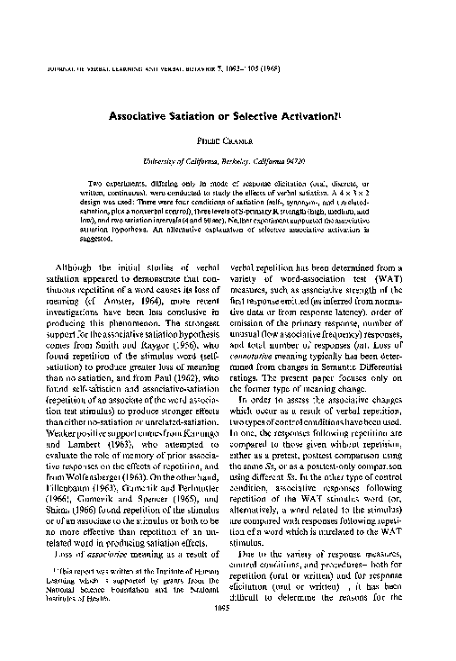Testing An Associative Account Of Semantic Satiation – WPFQTM