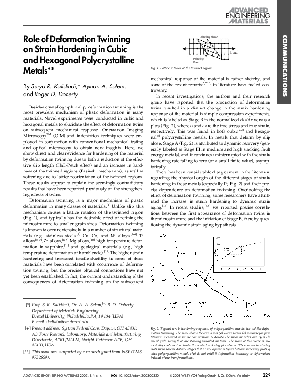 (PDF) Role of Deformation Twinning on Strain Hardening in Cubic and ...
