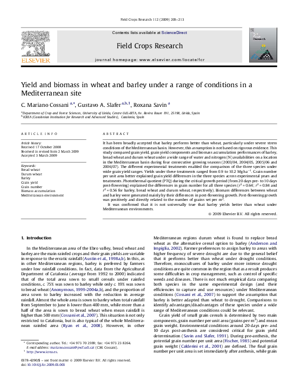 (PDF) Yield and biomass in wheat and barley under a range of conditions ...
