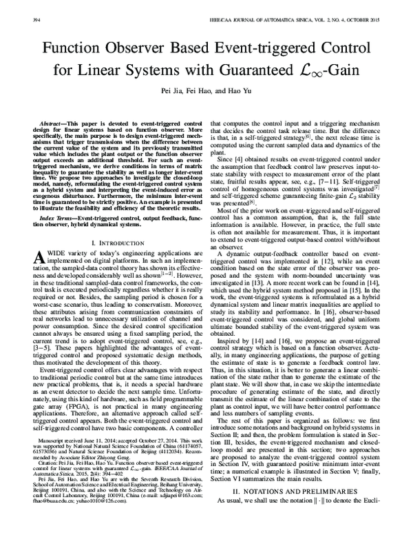 (PDF) Function Observer Based Event-triggered Control for Linear ...
