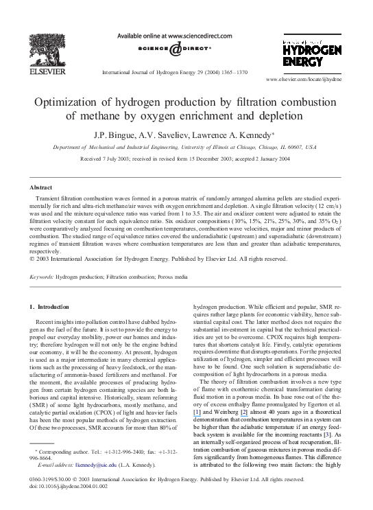 (PDF) Optimization of hydrogen production by filtration combustion of ...