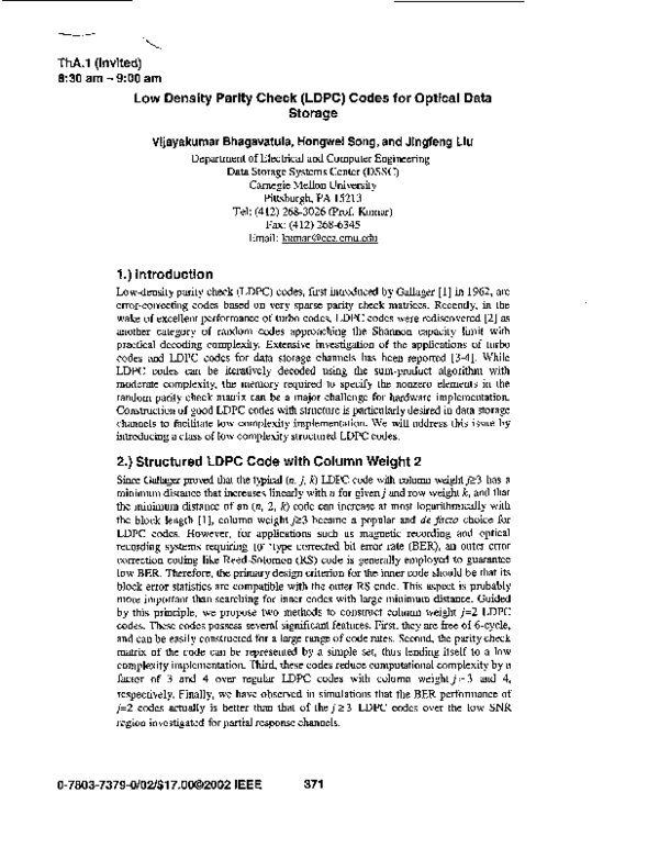 (PDF) Low density parity check (LDPC) codes for optical data storage