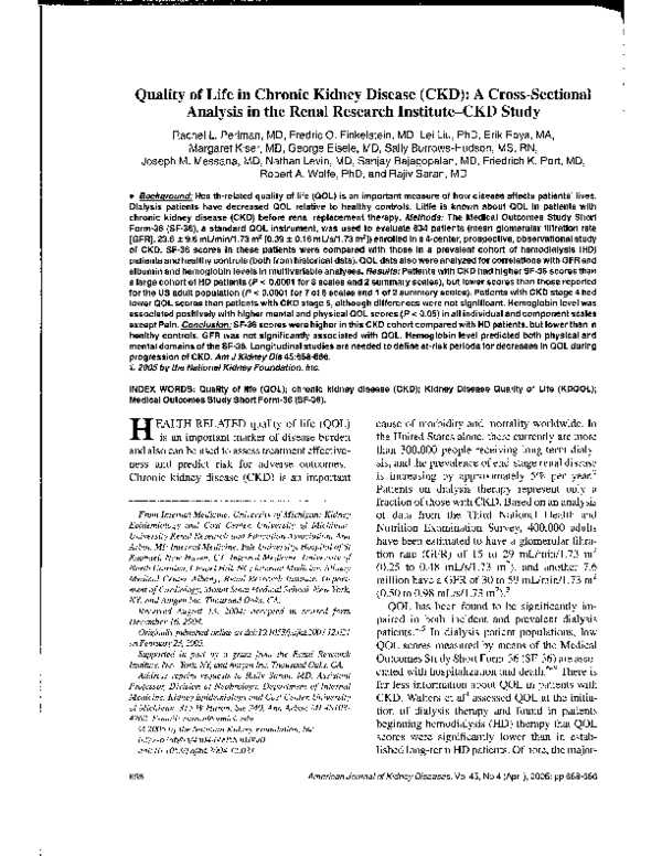 (PDF) Quality of life in Chronic Kidney Disease (CKD): A cross ...