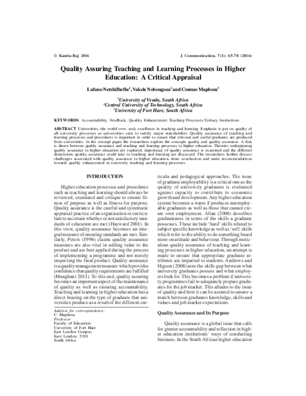 (PDF) Quality Assuring Teaching and Learning Processes in Higher ...