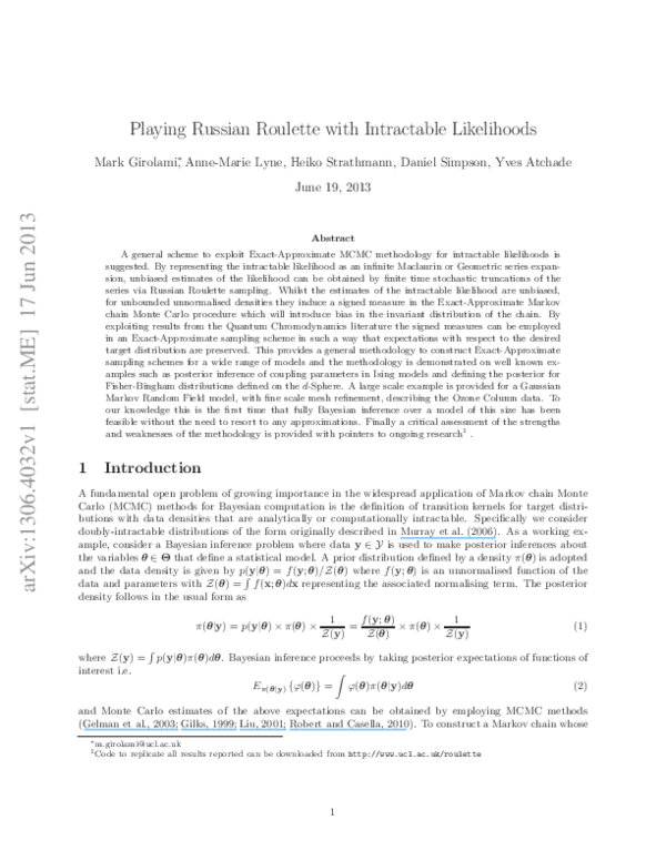 (PDF) Playing Russian Roulette with Intractable Likelihoods