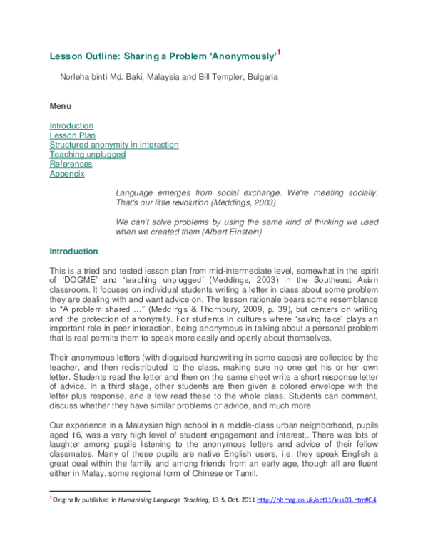 (PDF) Lesson Outline: Sharing a Problem 'Anonymously'