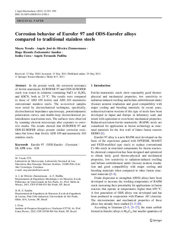 (PDF) Corrosion behavior of Eurofer 97 and ODS-Eurofer alloys compared ...