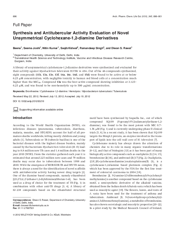 (PDF) Synthesis and Antitubercular Activity Evaluation of Novel ...
