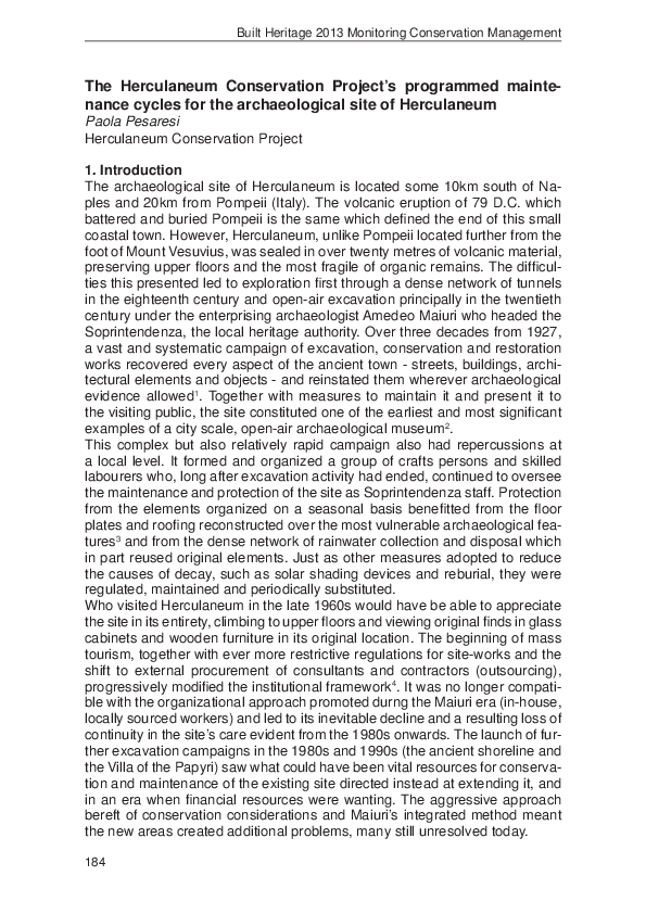 (PDF) The Herculaneum Conservation Project’s programmed maintenance
