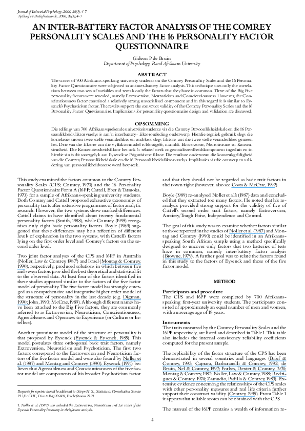 Pdf An Inter Battery Factor Analysis Of The Comrey Personality Scales And The 16 Personality Factor Questionnaire Gideon P De Bruin Academia Edu