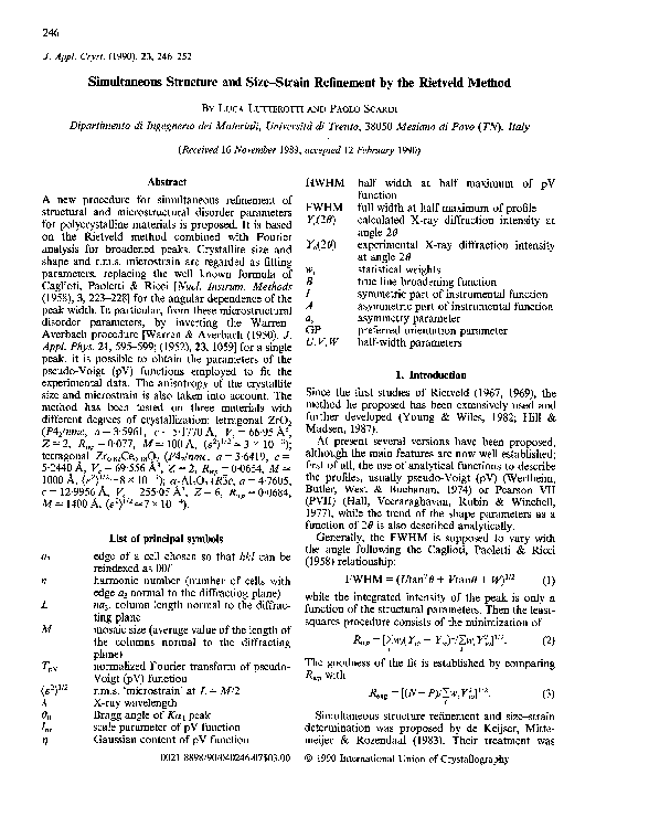 (PDF) Simultaneous structure and size–strain refinement by the Rietveld ...