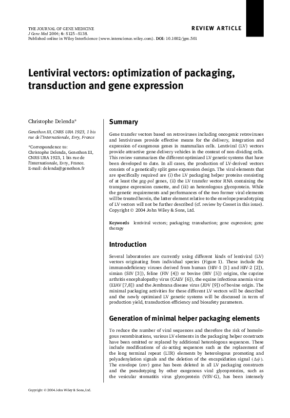(PDF) Lentiviral vectors: optimization of packaging, transduction and ...
