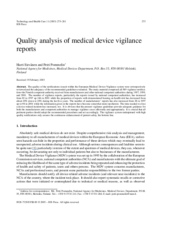(PDF) Quality analysis of medical device vigilance reports Harri Sievänen Academia.edu