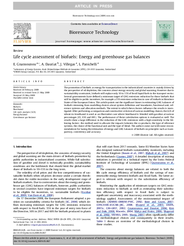 (PDF) Life cycle assessment of biofuels: Energy and greenhouse gas balances