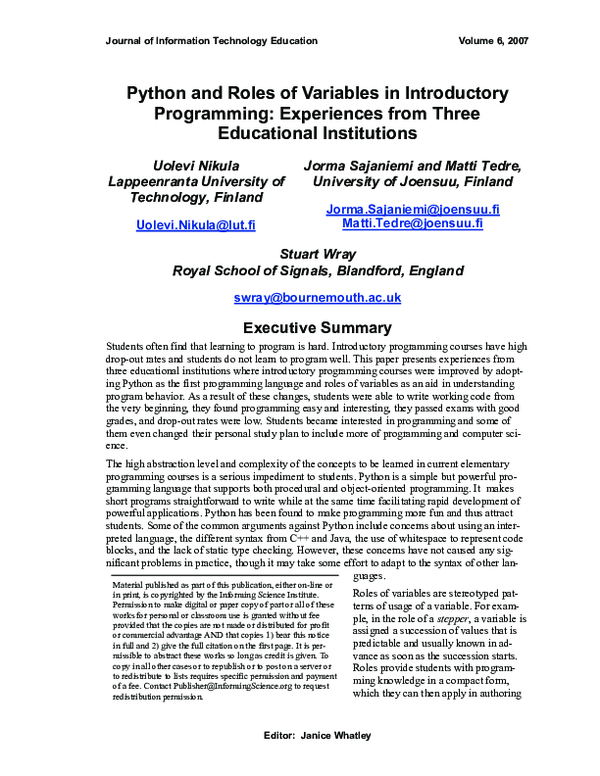 (PDF) Python and roles of variables in introductory programming ...