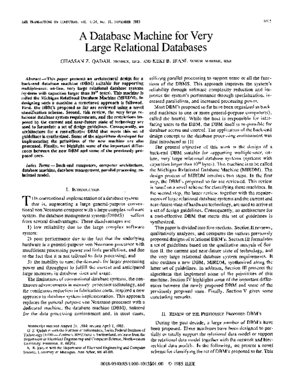(PDF) A Database Machine for Very Large Relational Databases