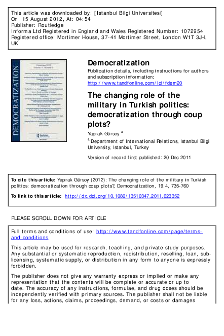 (PDF) The changing role of the military in Turkish politics ...