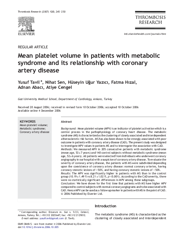 (PDF) Mean platelet volume in patients with metabolic syndrome and its ...