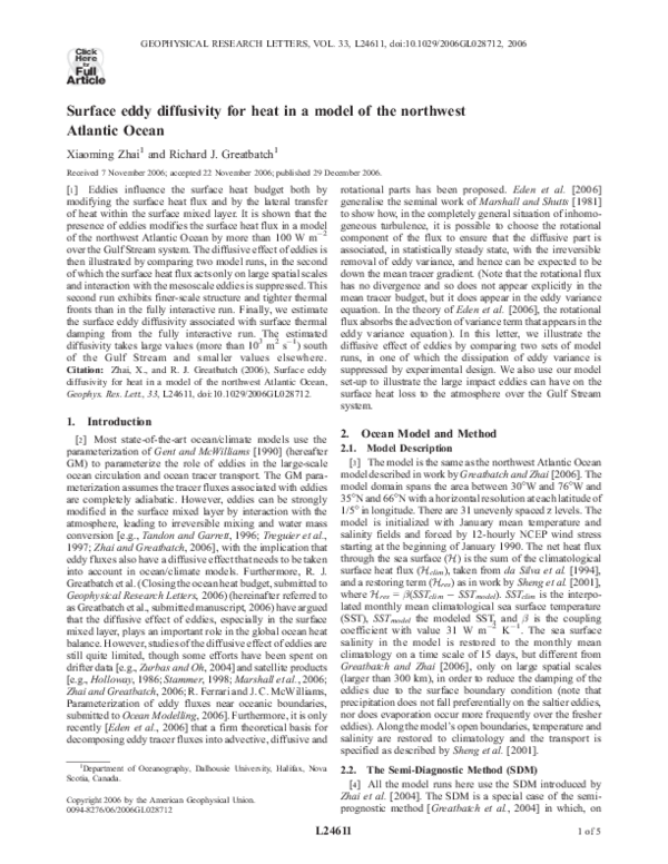 (PDF) Surface eddy diffusivity for heat in a model of the northwest ...