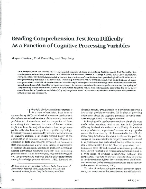 (PDF) Reading Comprehension Test Item Difficulty As a Function of ...