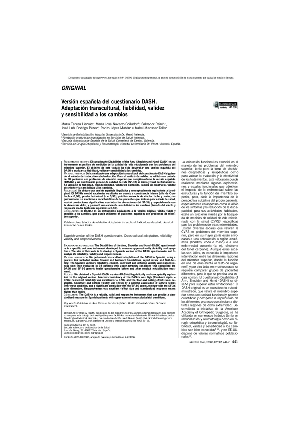 (PDF) Spanish version of the DASH questionnaire. Cross cultural ...