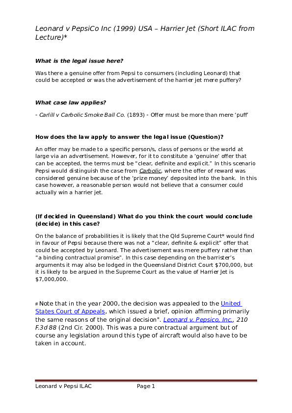(DOC) Leonard v PepsiCo Inc Seongmo Yang Academia.edu