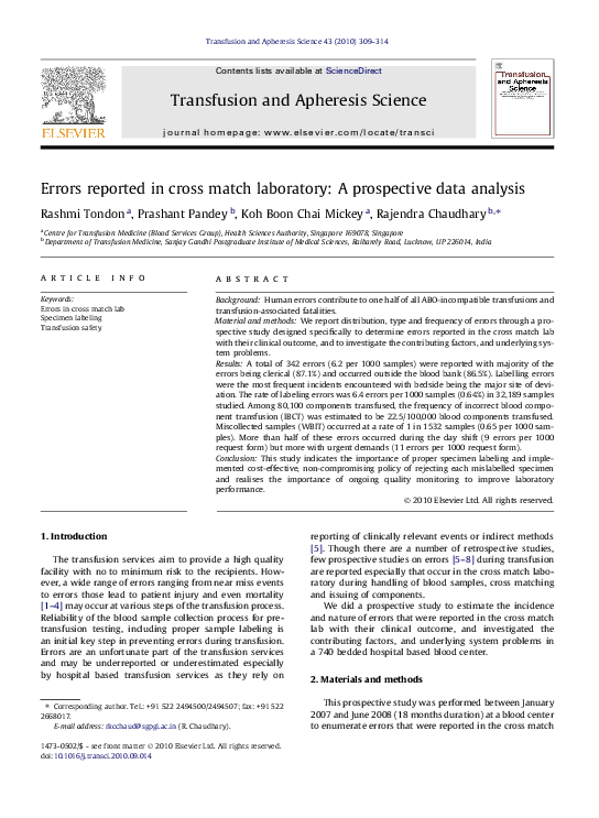 (PDF) Errors reported in cross match laboratory: A prospective data ...