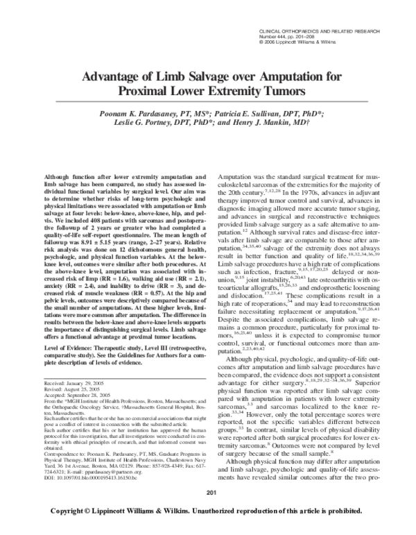 (PDF) Advantage of Limb Salvage over Amputation for Proximal Lower ...