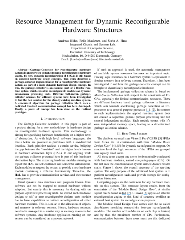 (PDF) Resource Management for Dynamic Reconfigurable Hardware Structures