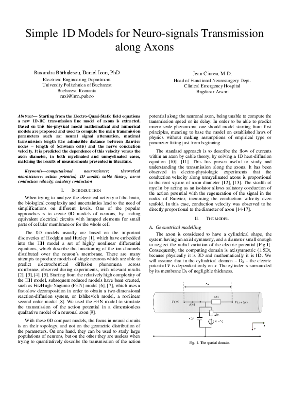 (PDF) Simple 1D Models for Neuro-signals Transmission along Axons