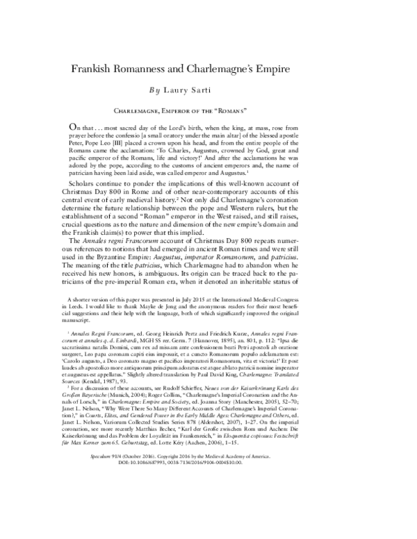 "Frankish Romanness and Charlemagne’s Empire", in Speculum 91/4 (2016), 1040–1058.