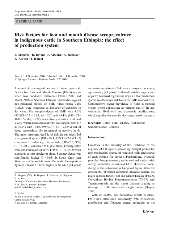 (PDF) Risk factors for foot and mouth disease seroprevalence in ...