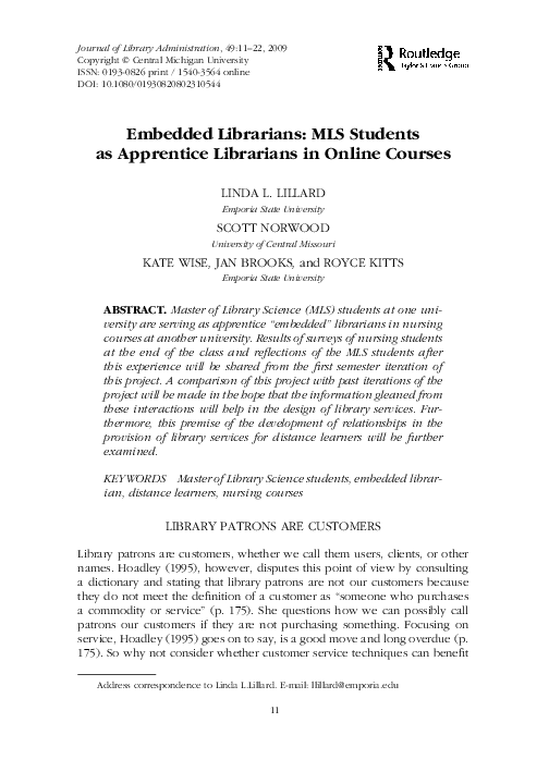 (PDF) Embedded Librarians MLS Students as Apprentice Librarians in