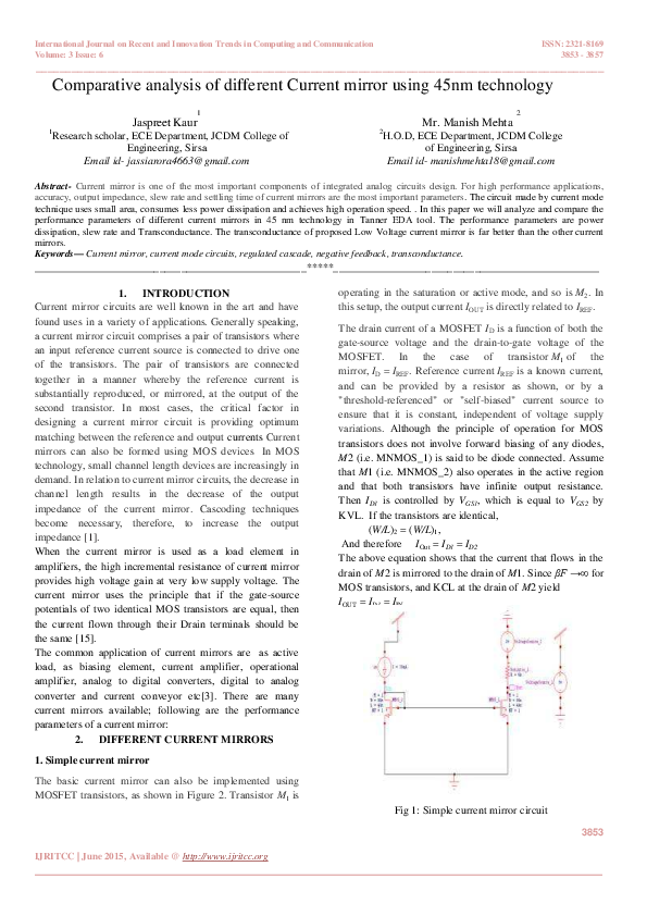 (PDF) Comparative analysis of different Current mirror using 45nm