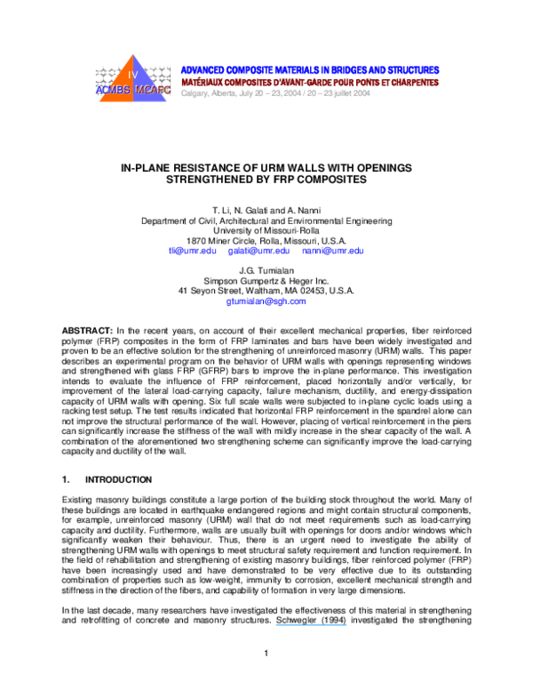 (PDF) IN-PLANE RESISTANCE OF URM WALLS WITH OPENINGS STRENGTHENED BY ...