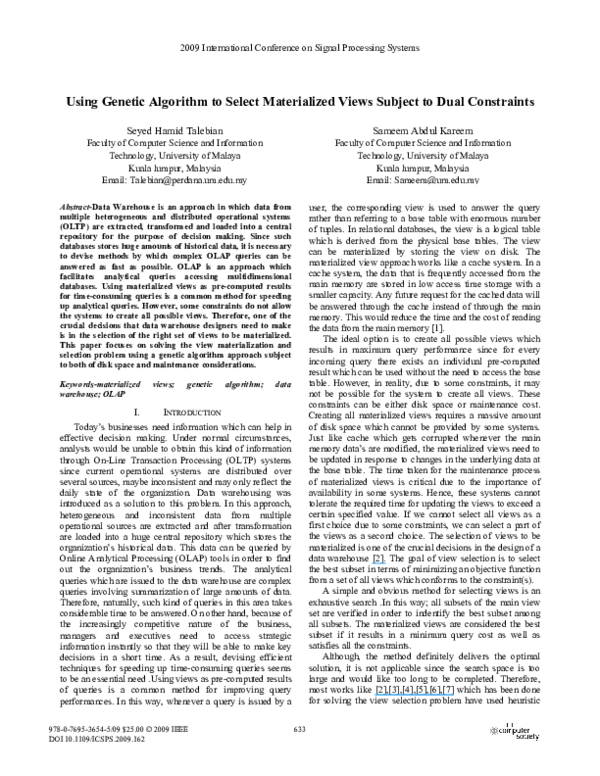 (PDF) Using Genetic Algorithm to Select Materialized Views Subject to ...